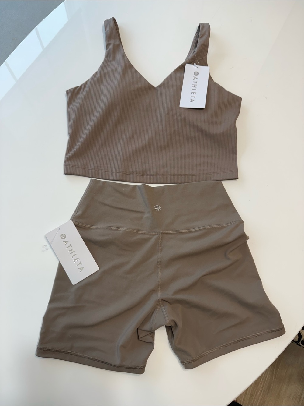 Athleta Ribbed V-Neck Crop Top & High-Waist Bike Shorts Set - Taupe Brown
